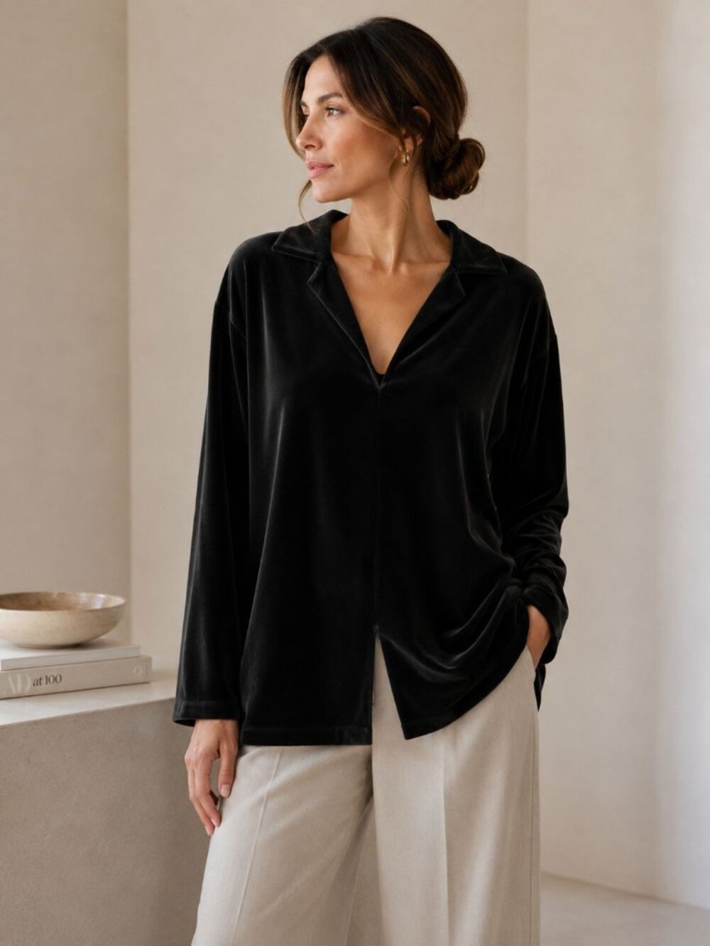 Shamask size (2) 10/12/14 Black V-neck Velour long-sleeve top